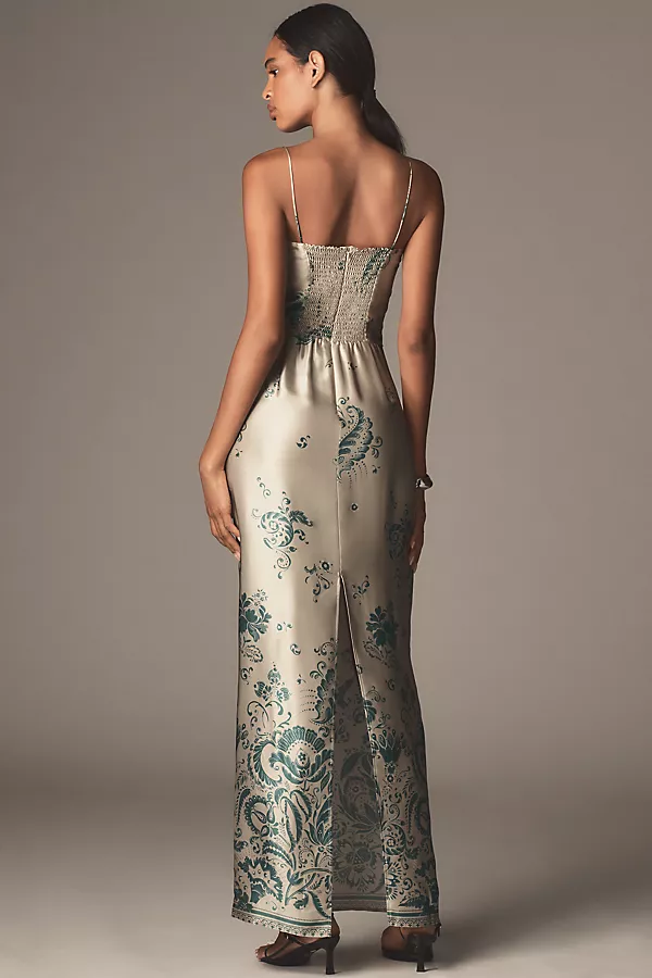 Anthropologie Reformation Frankie Silk Maxi Dress Green Pattern