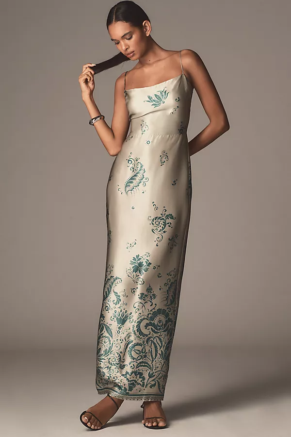 anthropologie Reformation Frankie Silk Maxi Dress Green Pattern
