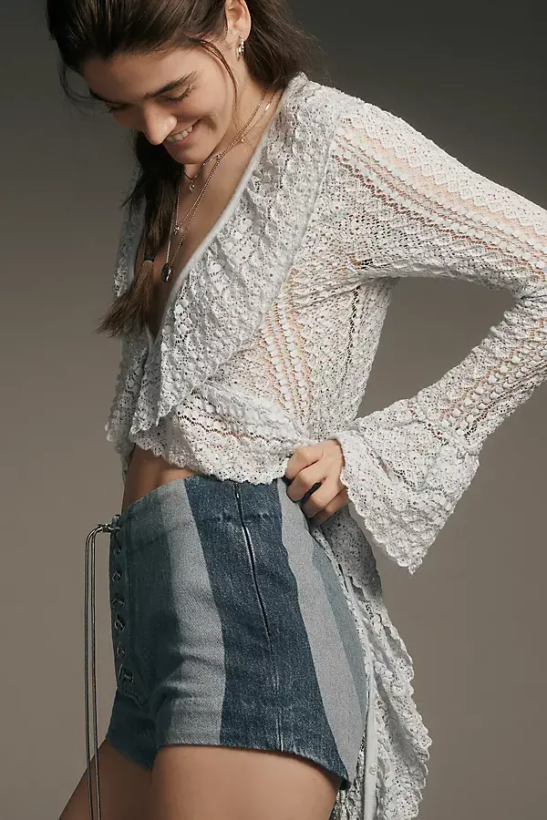 Anthropologie Retrofete Aleyna Lace-Up Paneled Denim Shorts Denim Light