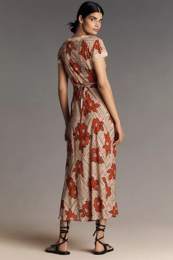 Anthropologie RIXO Clarice Cap-Sleeve V-Neck Midi Dress Milos Floral Cream