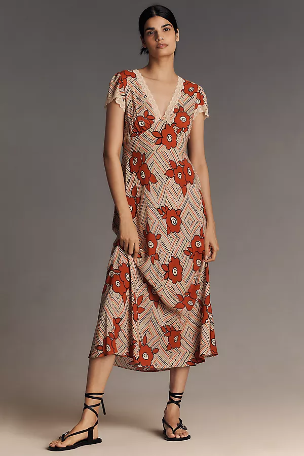 anthropologie RIXO Clarice Cap-Sleeve V-Neck Midi Dress Milos Floral Cream