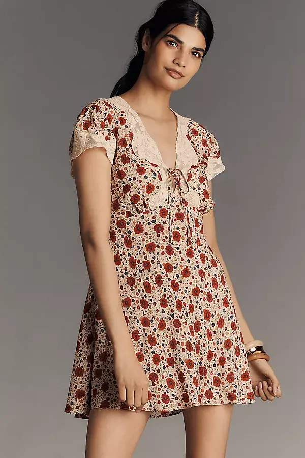 anthropologie RIXO Lacie Bias-Cut Mini Dress Eva Floral Cream