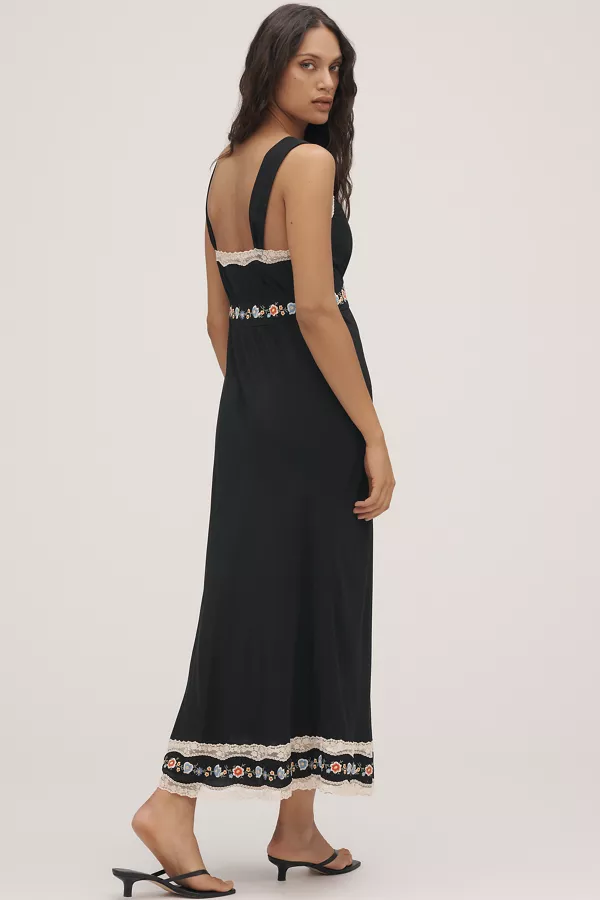 Anthropologie RIXO Lucie Bias-Cut Midi Slip Dress Bloom Embroidery Black