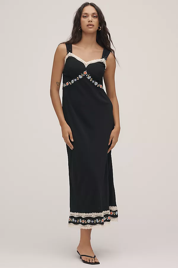 anthropologie RIXO Lucie Bias-Cut Midi Slip Dress Bloom Embroidery Black
