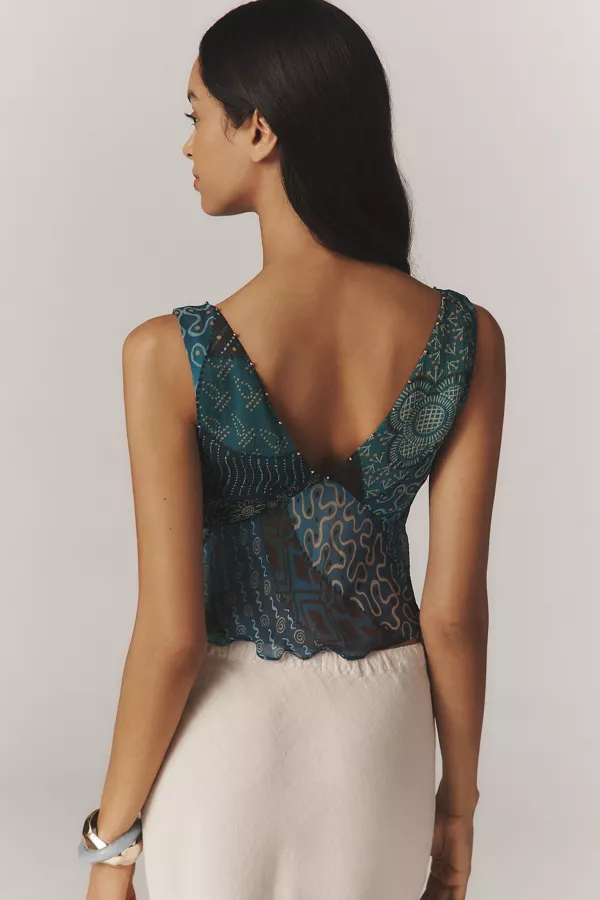 Anthropologie RIXO Nandi Hand-Beaded V-Neck Tank Top Ibiza Night Teal