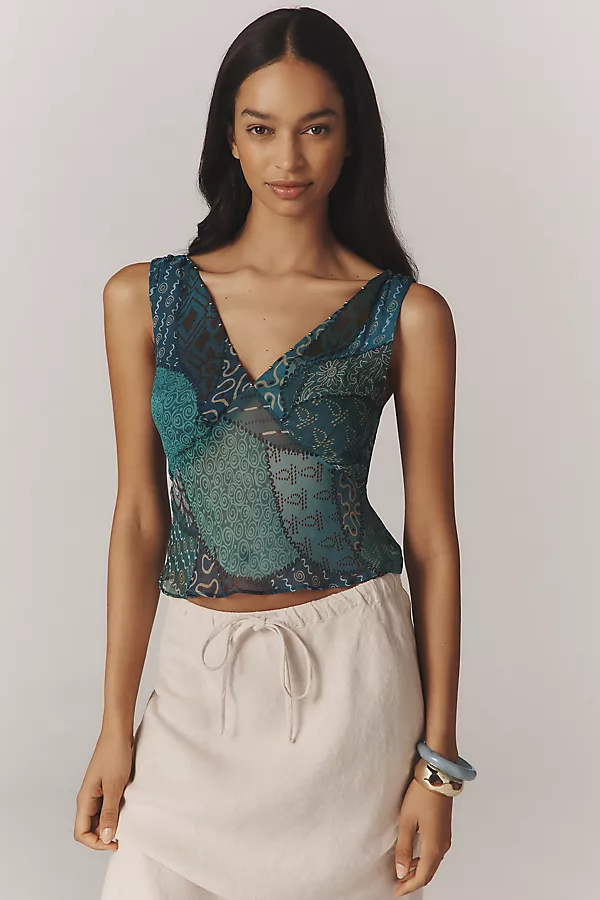 anthropologie RIXO Nandi Hand-Beaded V-Neck Tank Top Ibiza Night Teal