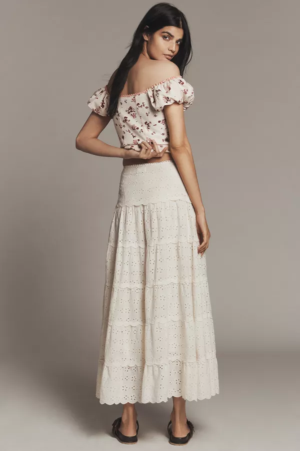 Anthropologie RIXO Ripeka Tiered Eyelet Maxi Skirt Ivory
