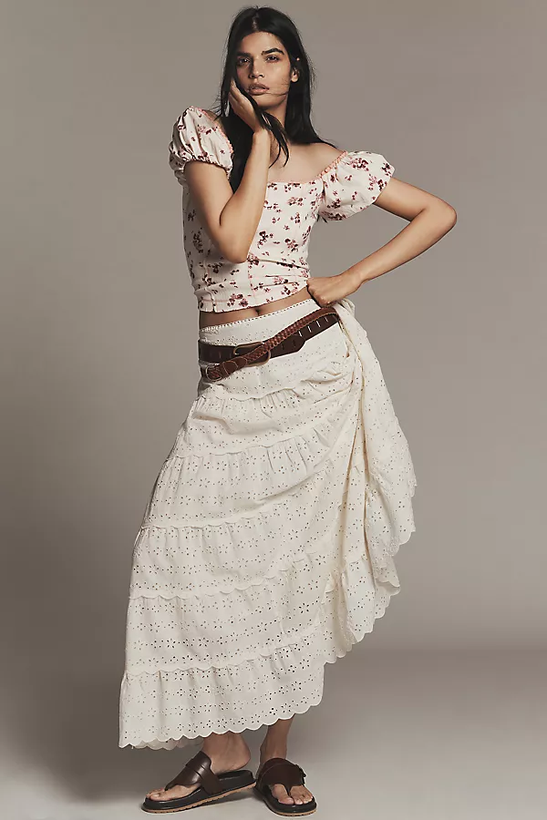 anthropologie RIXO Ripeka Tiered Eyelet Maxi Skirt Ivory