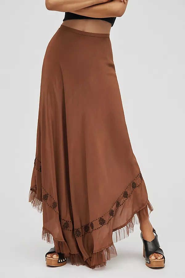 Anthropologie RIXO Rudy Fringe-Hem Silk Maxi Skirt Bronze