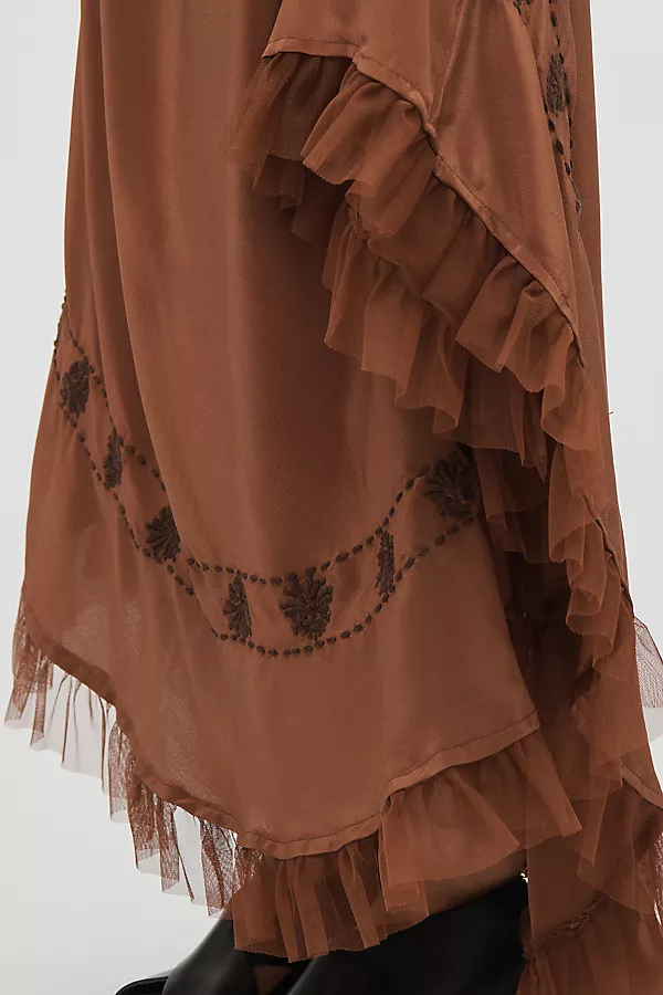 Anthropologie RIXO Rudy Fringe-Hem Silk Maxi Skirt Bronze