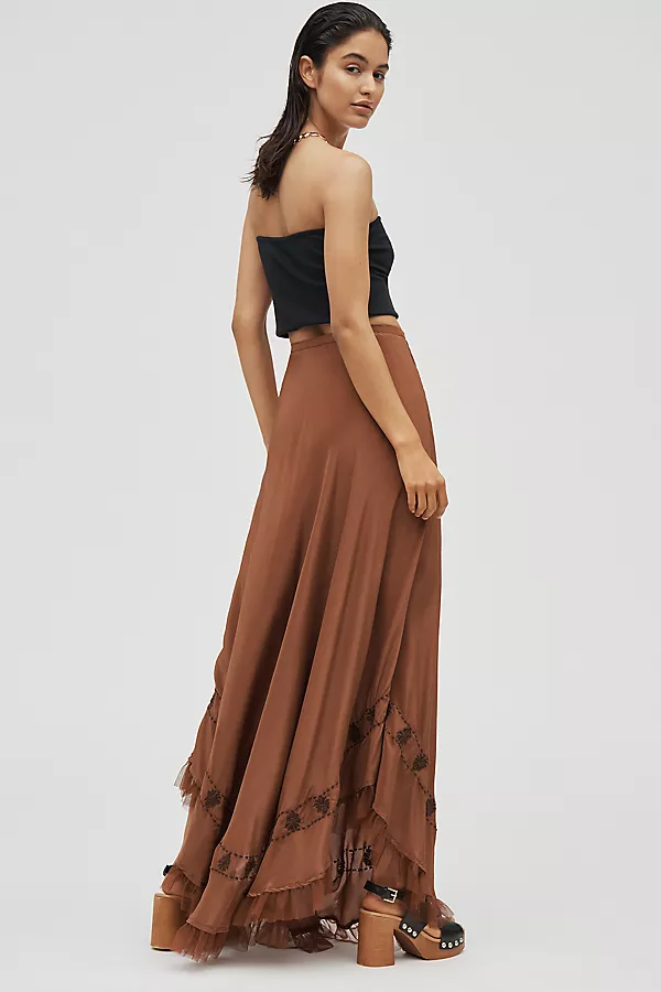 Anthropologie RIXO Rudy Fringe-Hem Silk Maxi Skirt Bronze