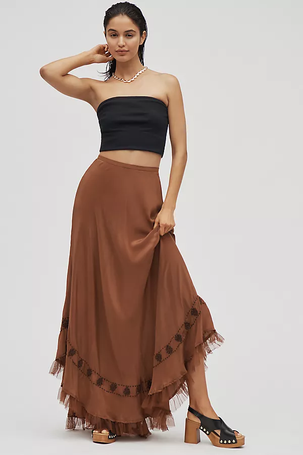 anthropologie RIXO Rudy Fringe-Hem Silk Maxi Skirt Bronze