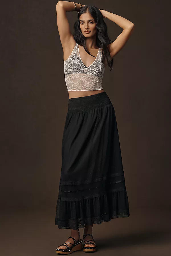 anthropologie RIXO Tuta Tiered Lace Maxi Skirt Black