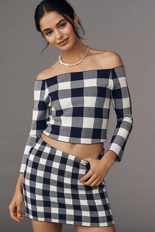 Anthropologie SER.O.YA Serrah Knit Mini Skort Navy/Eggshell Gingham