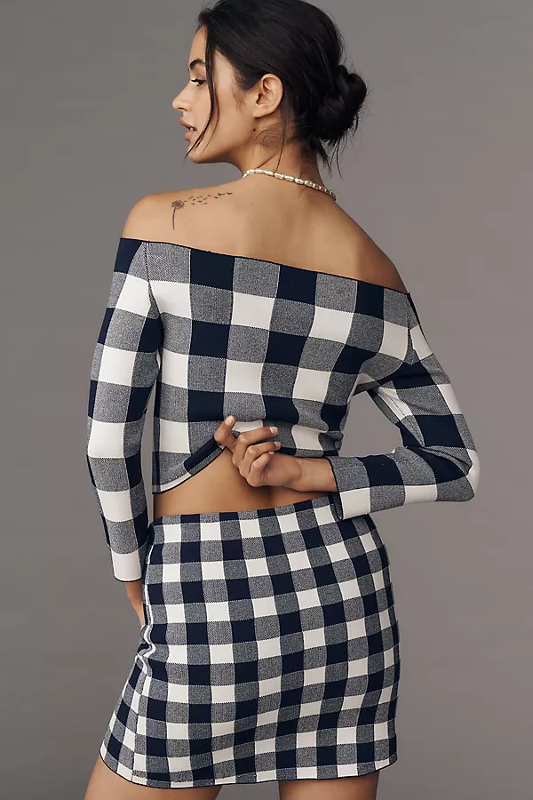 Anthropologie SER.O.YA Serrah Knit Mini Skort Navy/Eggshell Gingham