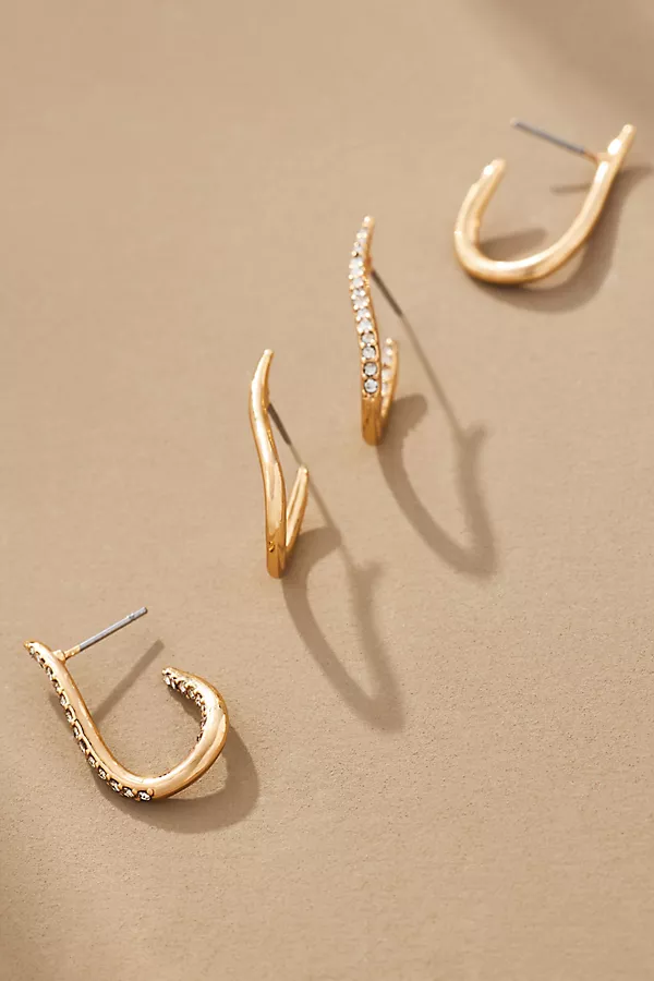 anthropologie Side Flame Crystal Hoop Earrings Set of 2 Gold