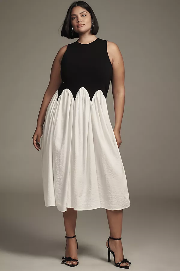 Anthropologie Siempre Michelle Sleeveless Colorblock Midi Dress Black Pattern