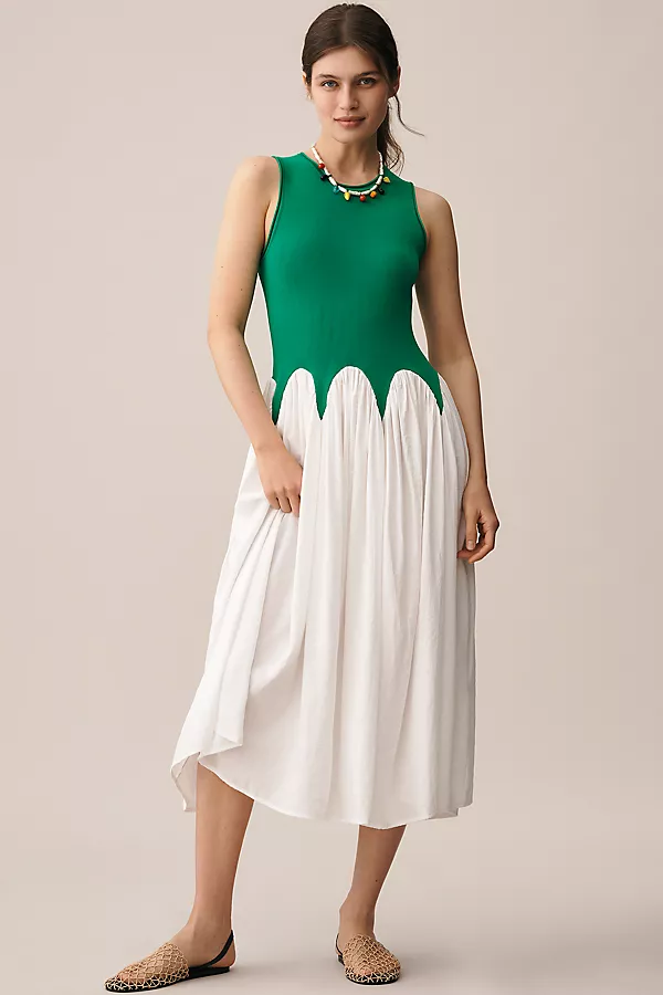 anthropologie Siempre Michelle Sleeveless Colorblock Midi Dress Ivory/Green