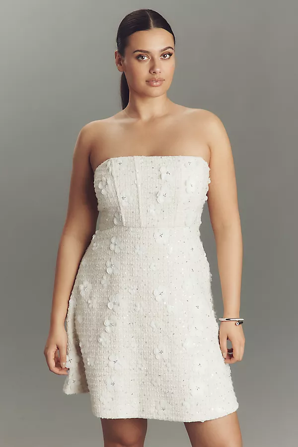 Anthropologie Sundream Strapless Tweed Floral Mini Dress White