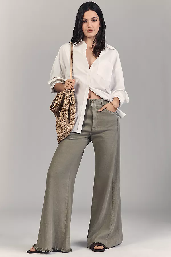 anthropologie The Adi Linen Mid-Rise Flare Pants by Pilcro MERMAID