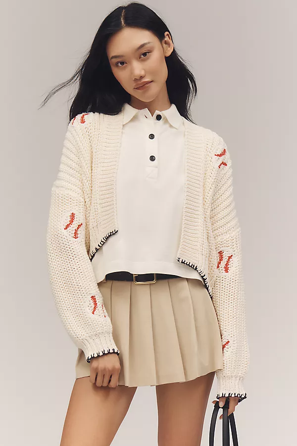 anthropologie The Alicia 3D Cropped Cardigan Sweater by Maeve Baseball