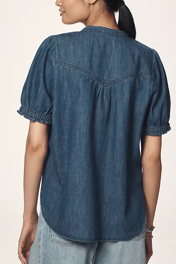 Anthropologie The Aly Denim Puff-Sleeve Blouse By Pilcro Dark Blue