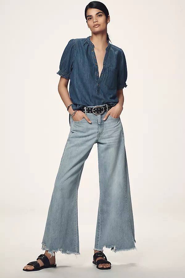 Anthropologie The Aly Denim Puff-Sleeve Blouse By Pilcro Dark Blue