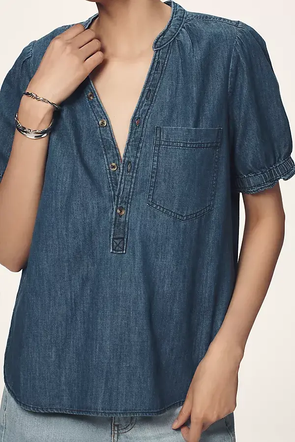 Anthropologie The Aly Denim Puff-Sleeve Blouse By Pilcro Dark Blue