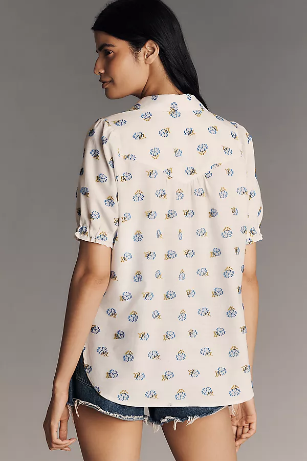 Anthropologie The Aly Puff-Sleeve Blouse By Pilcro Ivory Pattern