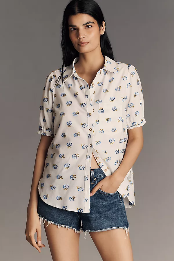 anthropologie The Aly Puff-Sleeve Blouse by Pilcro Ivory Pattern