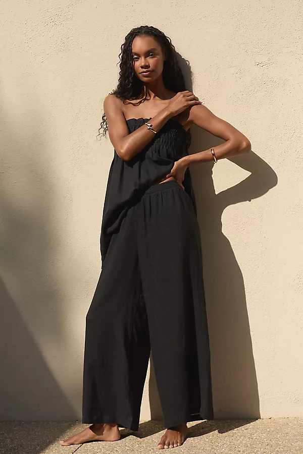 anthropologie The Aubrey Smocked Linen Pants Black Onyx