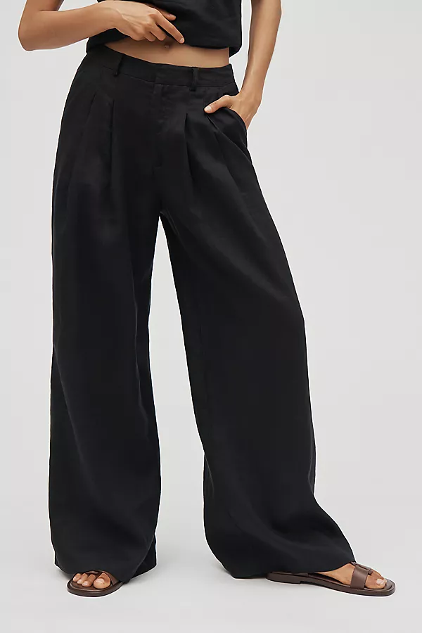 Anthropologie The Avery Linen Pleated Wide-Leg Trousers By Maeve Black Onyx
