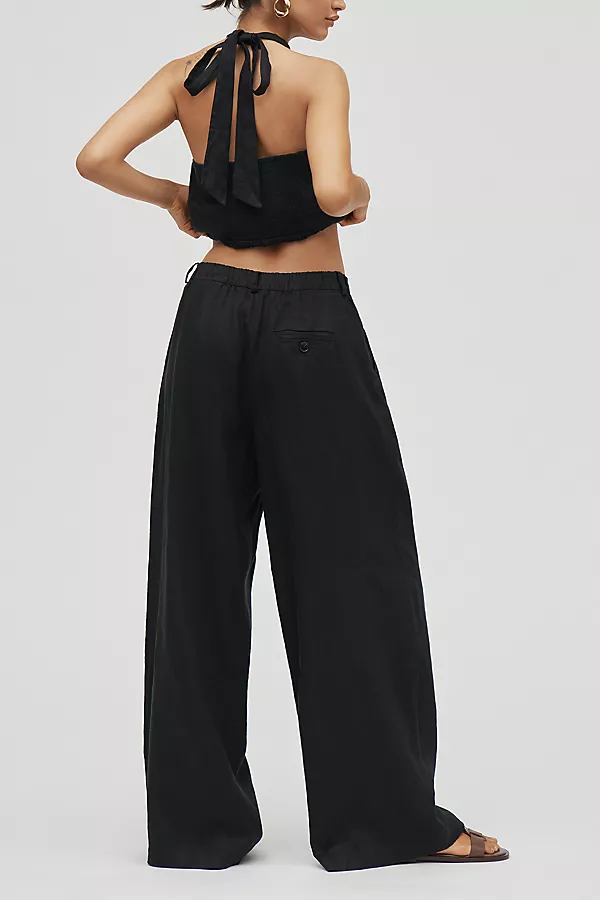 Anthropologie The Avery Linen Pleated Wide-Leg Trousers By Maeve Black Onyx