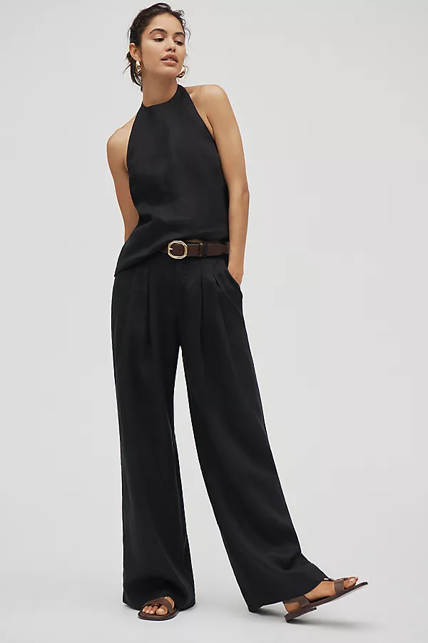 anthropologie The Avery Linen Pleated Wide-Leg Trousers by Maeve Black Onyx