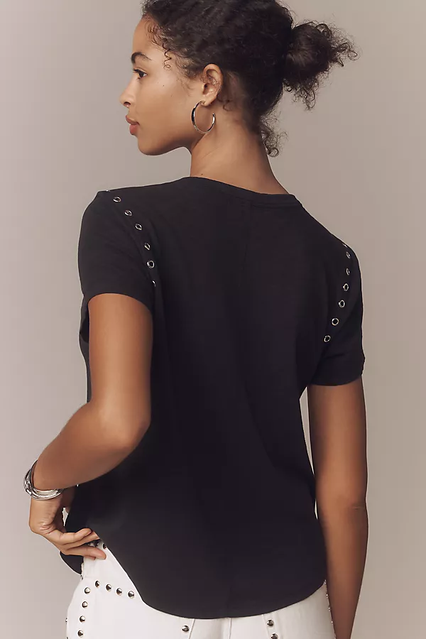 Anthropologie The Bennie Cotton Slub Crew-Neck Grommet Tee By Pilcro Black Onyx