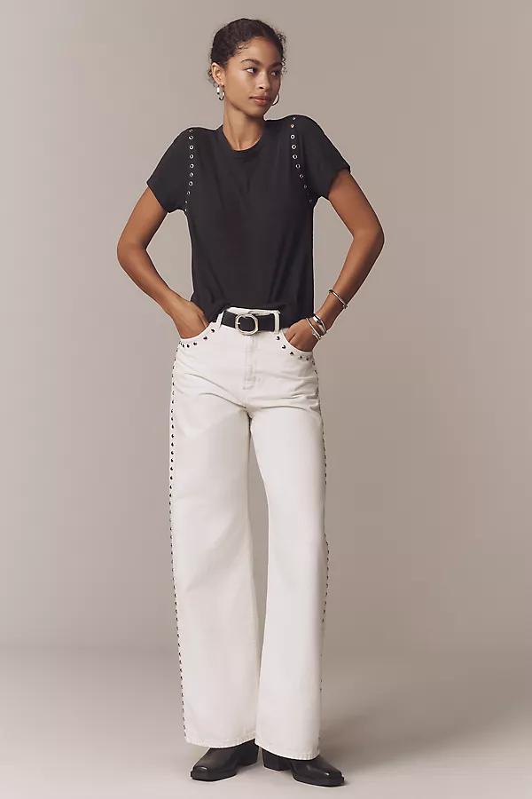 Anthropologie The Bennie Cotton Slub Crew-Neck Grommet Tee By Pilcro Black Onyx