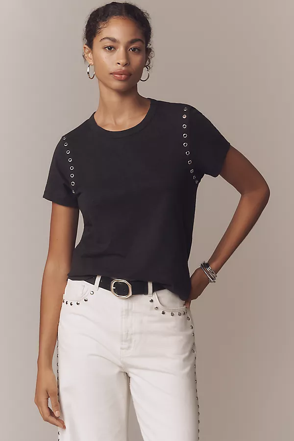 anthropologie The Bennie Cotton Slub Crew-Neck Grommet Tee by Pilcro Black Onyx