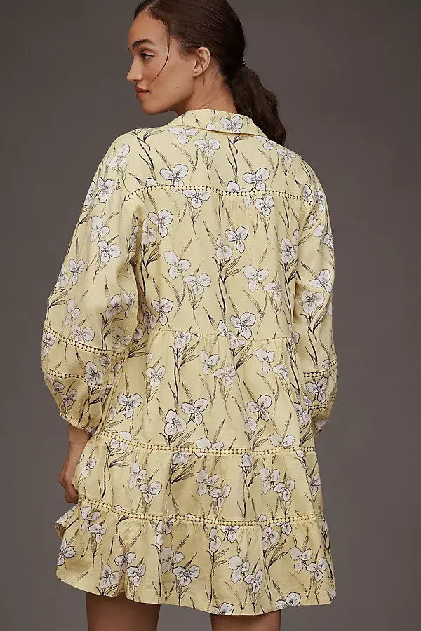 Anthropologie The Bettina Linen Blend Tiered Mini Shirt Dress By Maeve Light Yellow