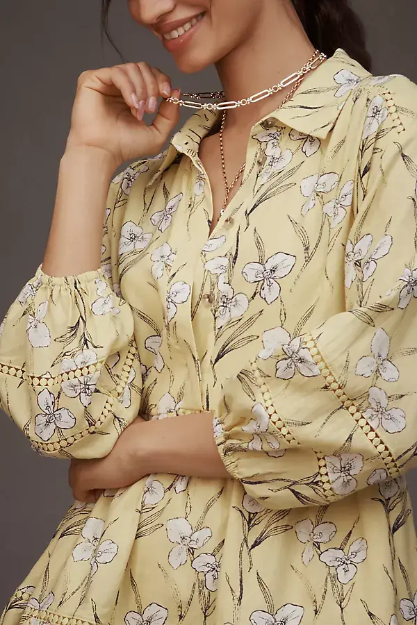 Anthropologie The Bettina Linen Blend Tiered Mini Shirt Dress By Maeve Light Yellow