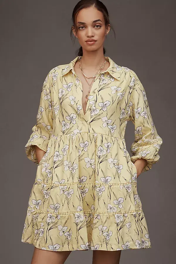 anthropologie The Bettina Linen Blend Tiered Mini Shirt Dress by Maeve Light Yellow