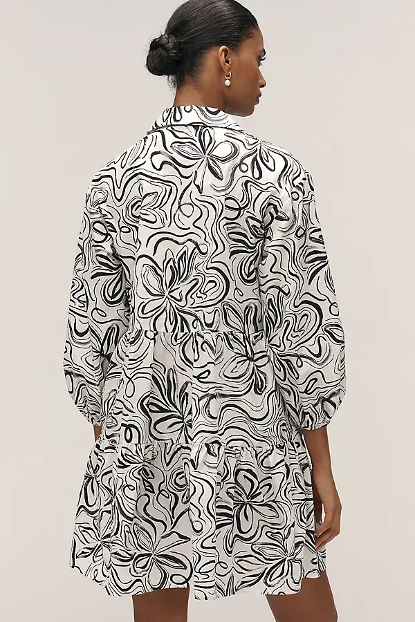 Anthropologie The Bettina Tiered Mini Shirt Dress By Maeve Black & White Pattern