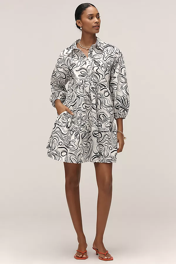 Anthropologie The Bettina Tiered Mini Shirt Dress By Maeve Black & White Pattern