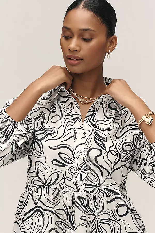 Anthropologie The Bettina Tiered Mini Shirt Dress By Maeve Black & White Pattern