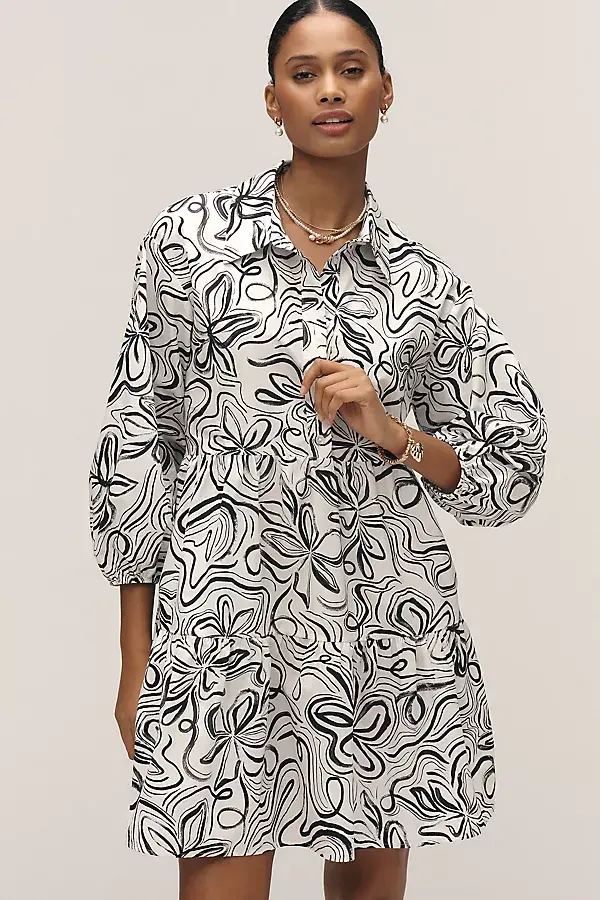 anthropologie The Bettina Tiered Mini Shirt Dress by Maeve Black & White Pattern