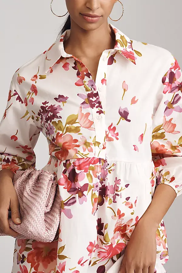 Anthropologie The Bettina Tiered Shirt Dress By Maeve Cream Floral
