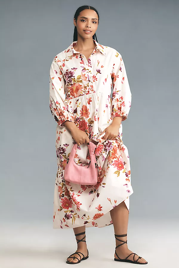 Anthropologie The Bettina Tiered Shirt Dress By Maeve Cream Floral