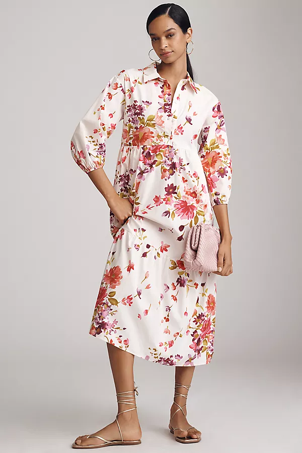 anthropologie The Bettina Tiered Shirt Dress by Maeve Cream Floral