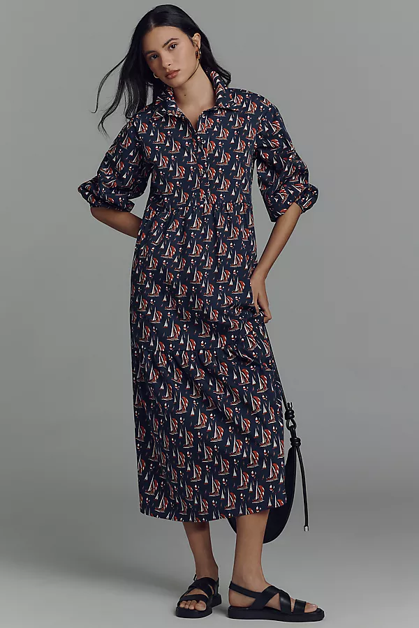 anthropologie The Bettina Tiered Shirt Dress by Maeve Navy