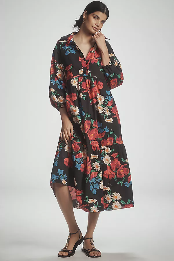 anthropologie The Bettina Tiered Shirt Dress by Maeve Pink Floral