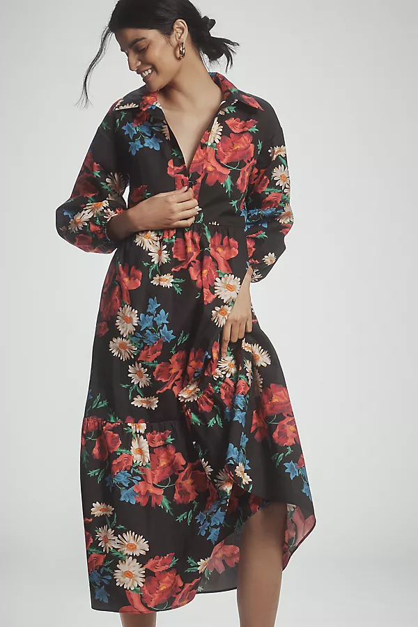 Anthropologie The Bettina Tiered Shirt Dress By Maeve Pink Floral